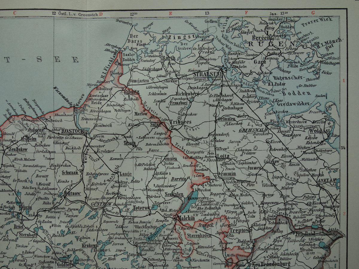 DUITSLAND oude kaart van Mecklenburg Schwerin Strelitz 1906 originele antieke Duitse landkaart van noordoost Duitsland Rostock Lübeck