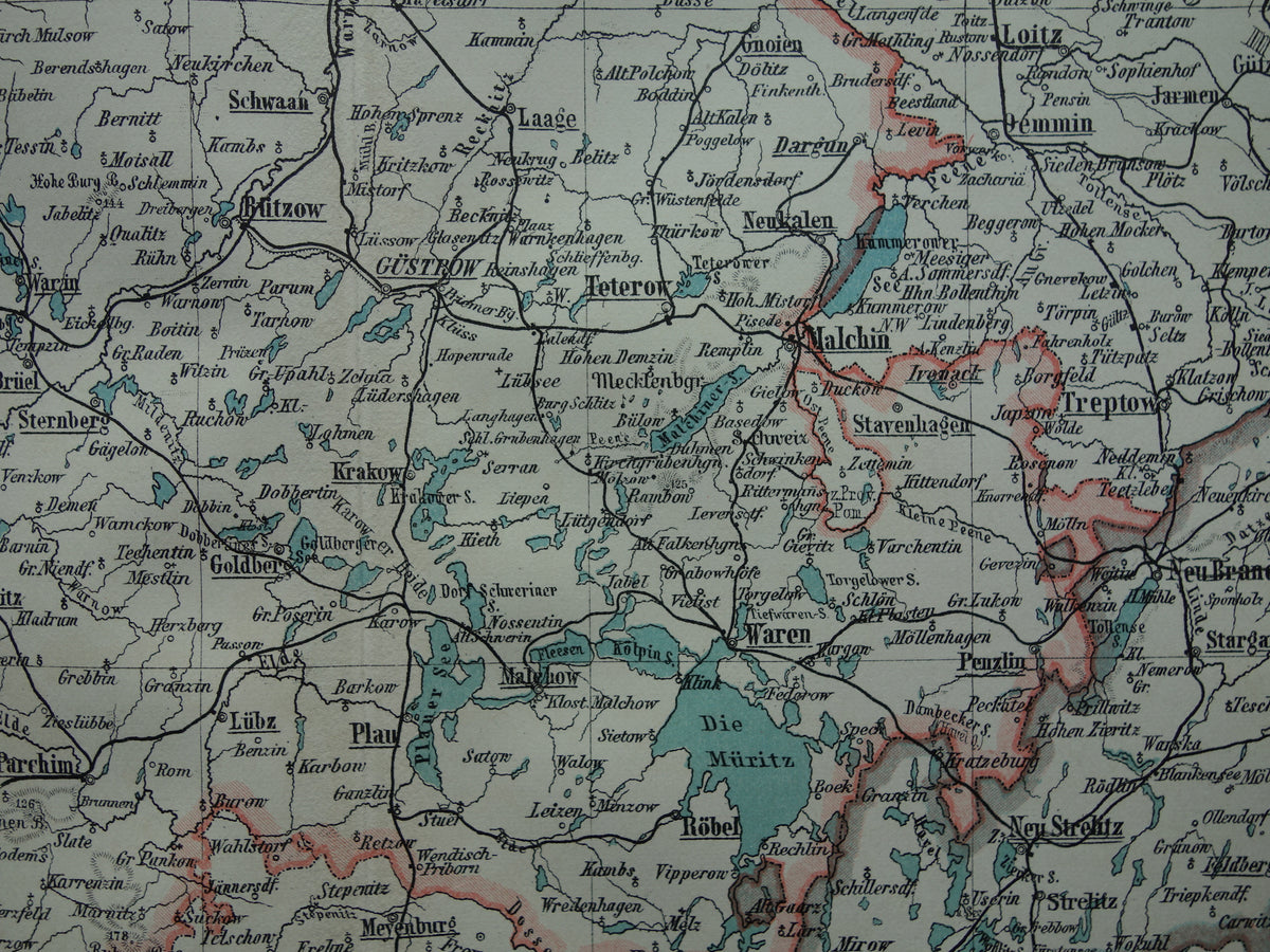 DUITSLAND oude kaart van Mecklenburg Schwerin Strelitz 1906 originele antieke Duitse landkaart van noordoost Duitsland Rostock Lübeck