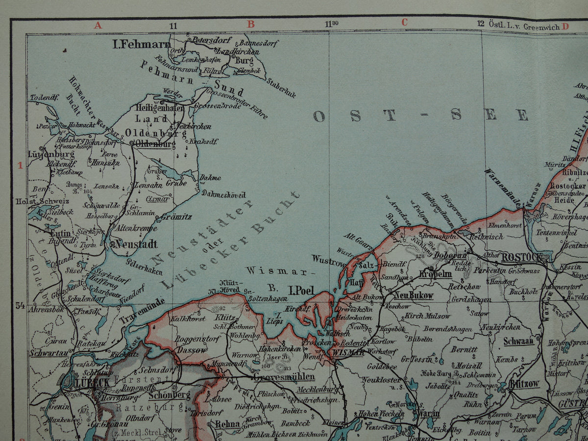 DUITSLAND oude kaart van Mecklenburg Schwerin Strelitz 1906 originele antieke Duitse landkaart van noordoost Duitsland Rostock Lübeck