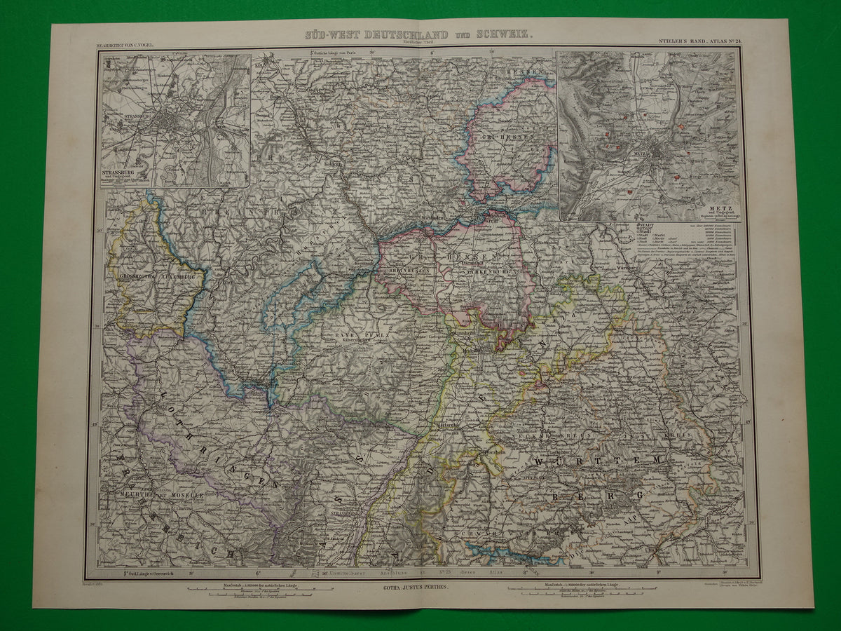 Antique map of southwest Germany 1885 Beautiful original old map of Stuttgart Karlsruhe Hesse Darmstadt Mannheim Strasbourg Lorraine Hunsrück vintage maps