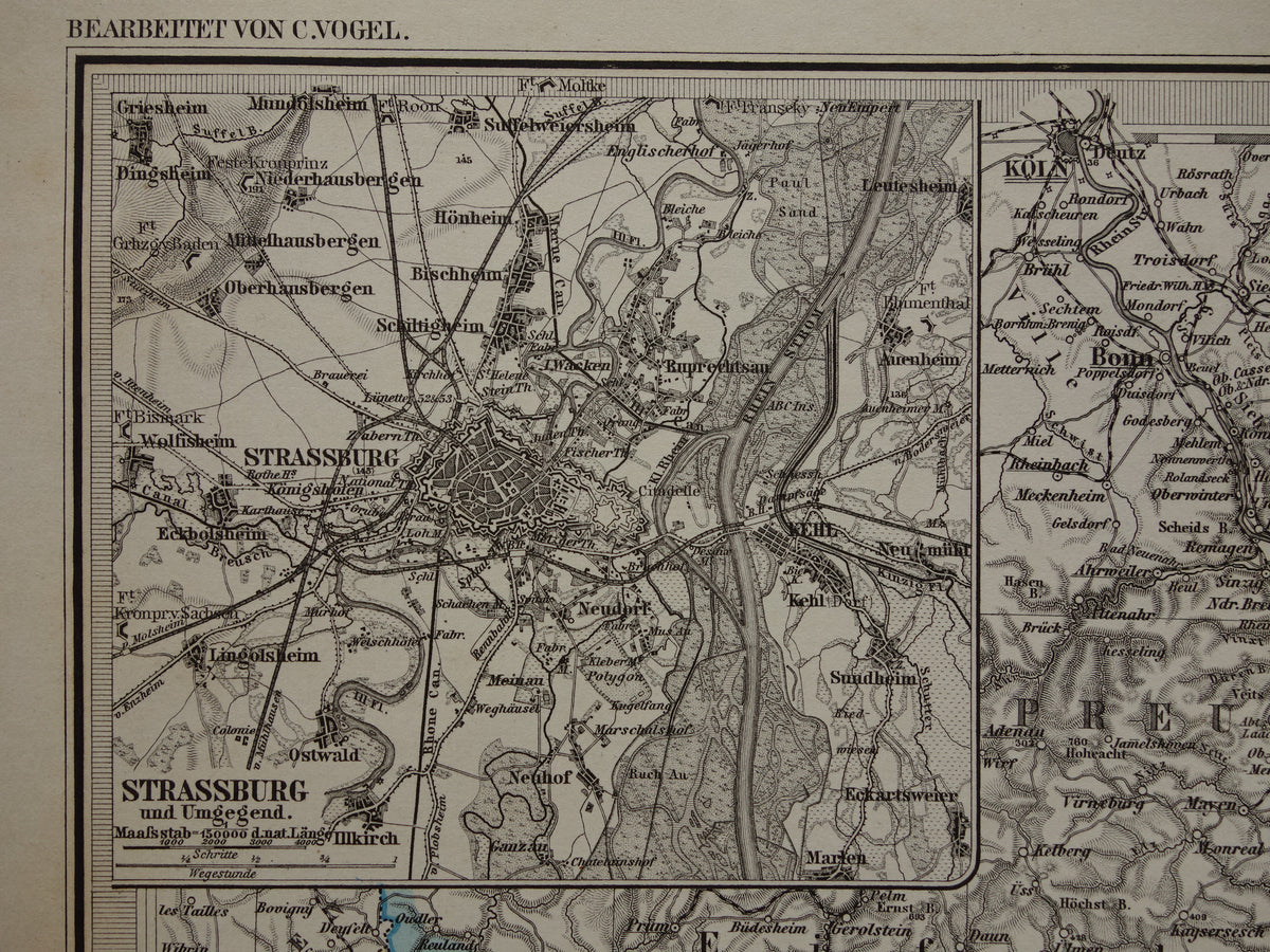Antique map of southwest Germany 1885 Beautiful original old map of Stuttgart Karlsruhe Hesse Darmstadt Mannheim Strasbourg Lorraine Hunsrück vintage maps