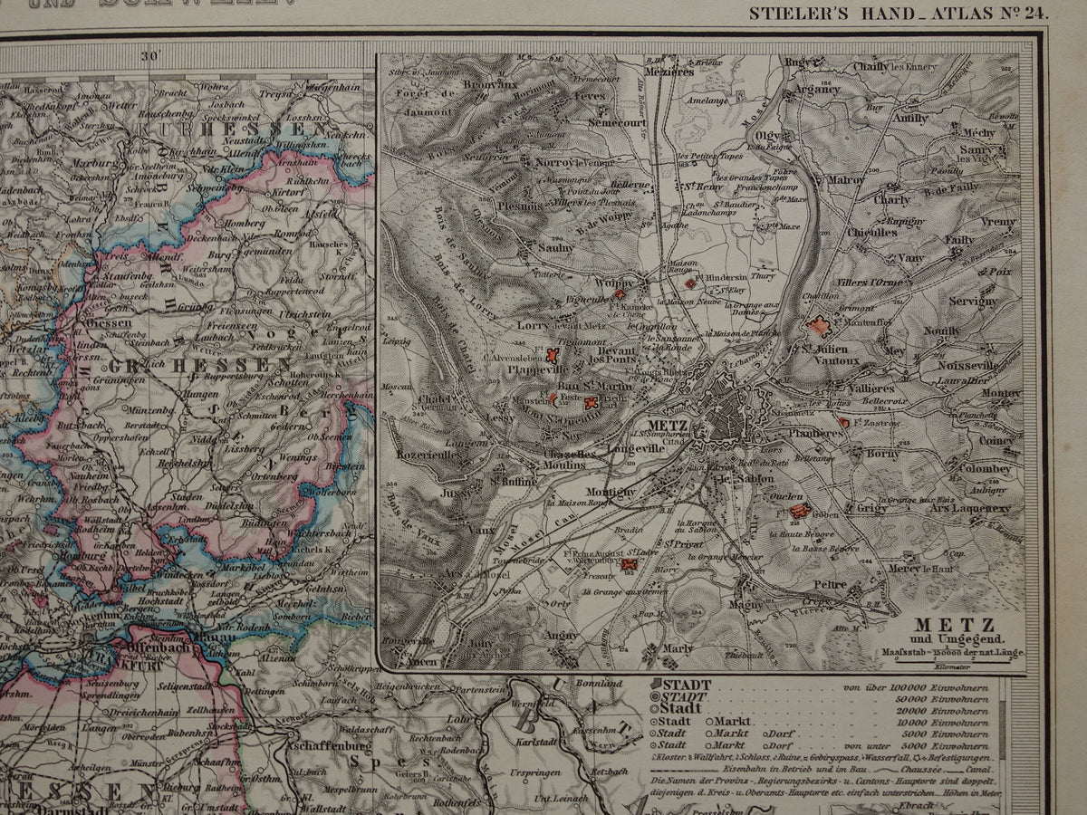 Antique map of southwest Germany 1885 Beautiful original old map of Stuttgart Karlsruhe Hesse Darmstadt Mannheim Strasbourg Lorraine Hunsrück vintage maps