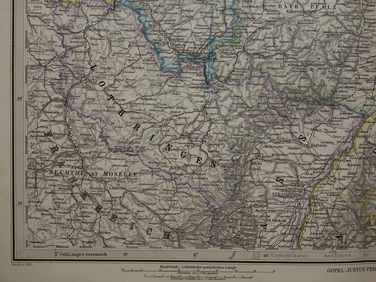 Antique map of southwest Germany 1885 Beautiful original old map of Stuttgart Karlsruhe Hesse Darmstadt Mannheim Strasbourg Lorraine Hunsrück vintage maps