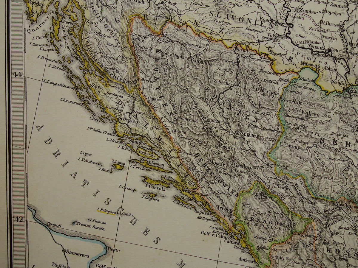 Old map of the Balkans from 1885 original antique map/poster Turkish Empire in Europe with Serbia Romania Montenegro