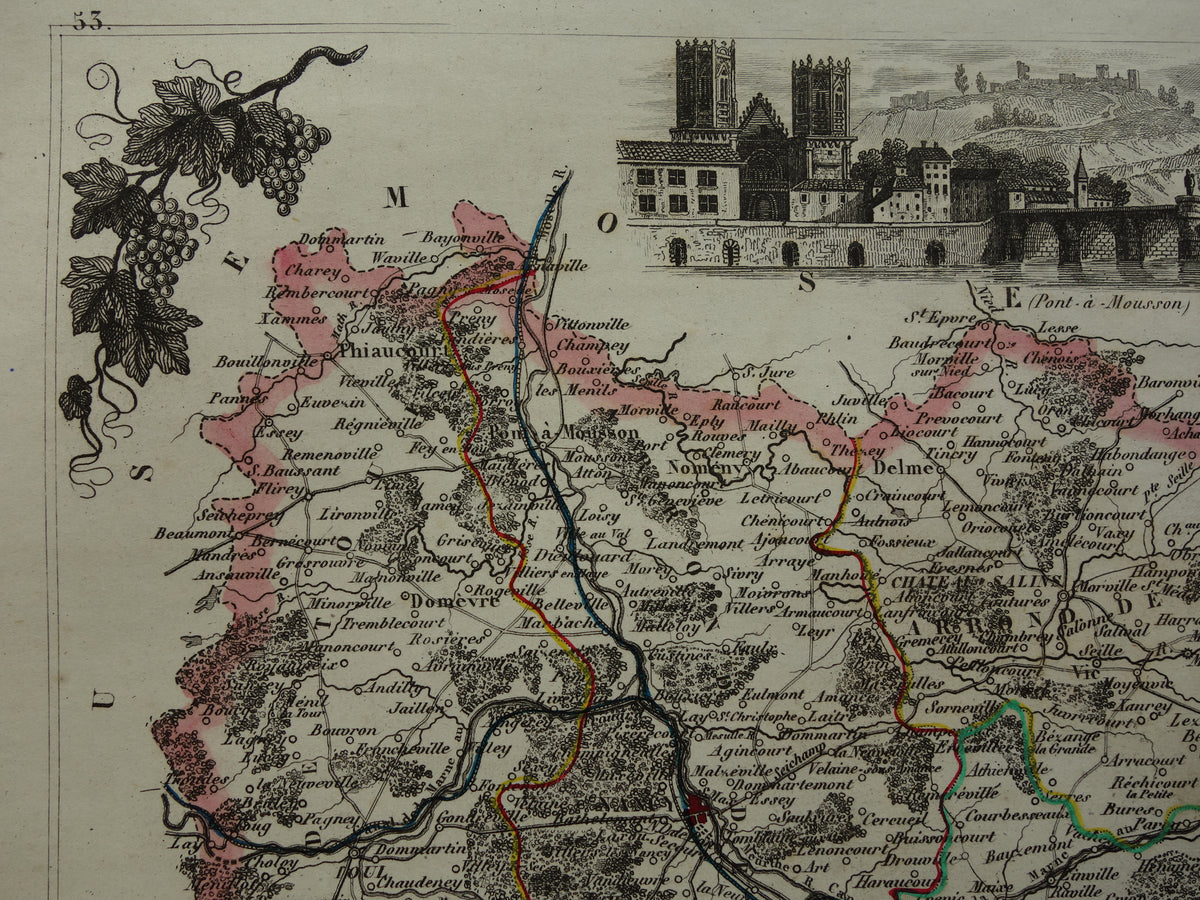 Oude kaart van Meurthe departement in Frankrijk uit 1851 originele antieke landkaart Nancy Lunéville Pont-à-Mousson historische kaarten
