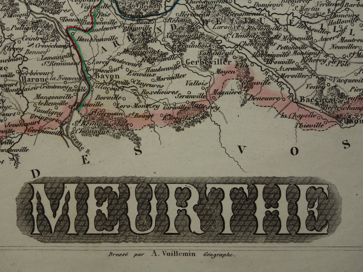 Oude kaart van Meurthe departement in Frankrijk uit 1851 originele antieke landkaart Nancy Lunéville Pont-à-Mousson historische kaarten