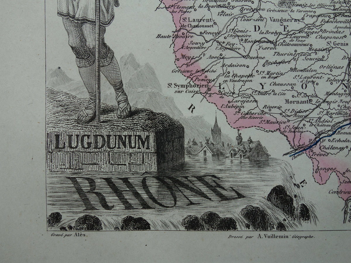 RHONE Oude kaart van Rhône departement in Frankrijk uit 1851 originele antieke landkaart Lyon historische kaarten