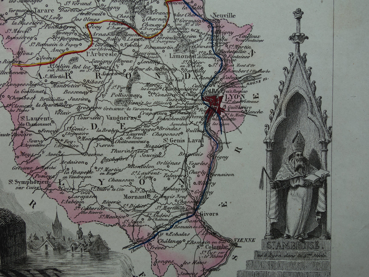 RHONE Oude kaart van Rhône departement in Frankrijk uit 1851 originele antieke landkaart Lyon historische kaarten