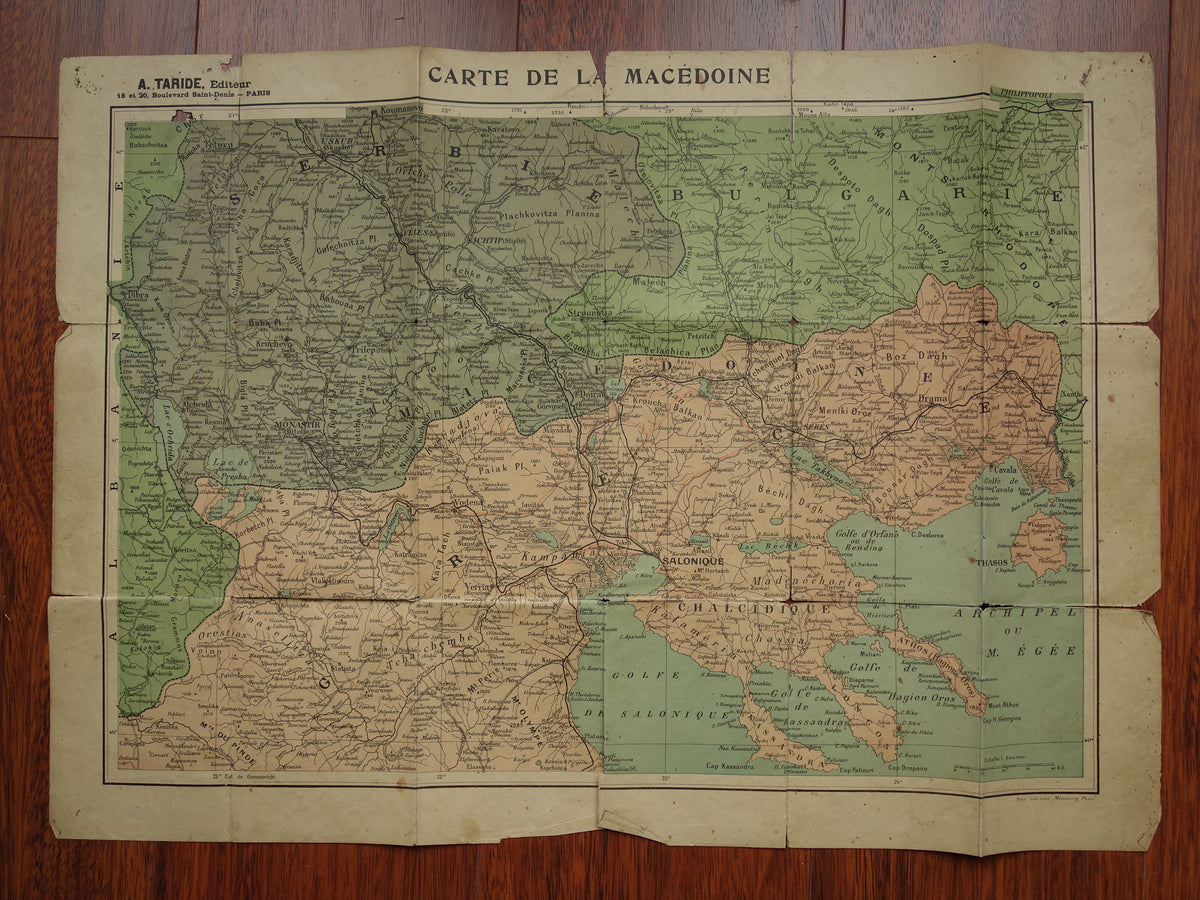 NOORD-MACEDONIE oude landkaart van Griekenland Bulgarije en Noord-Macedonië Grote originele antieke kaart Thessaloniki