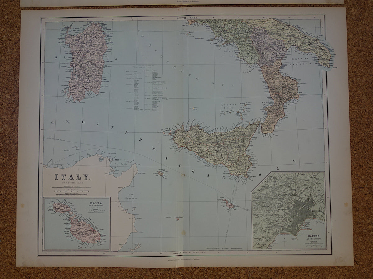 ITALY old map of Italy from 1890 original very large antique map poster of Italy