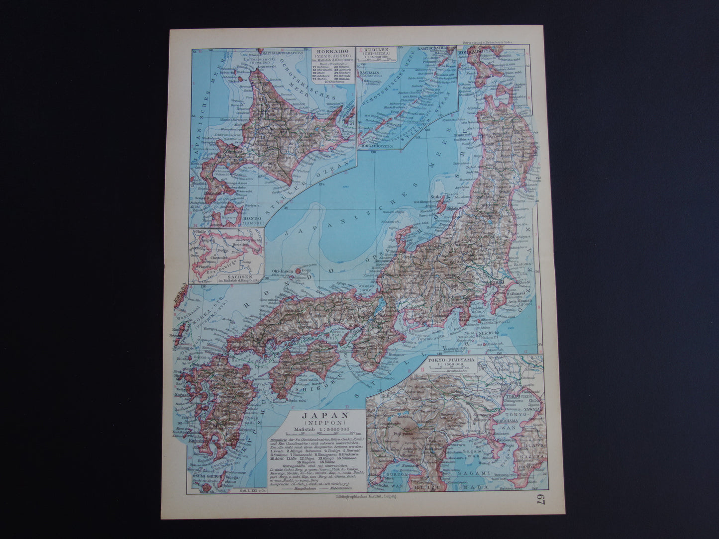 JAPAN old detailed map of Japan from 1928 original vintage map Tokyo Kuril Hokkaido