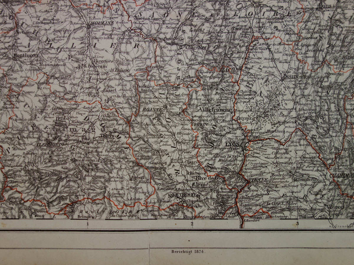 FRANCE old map of Eastern France in 1874 Large antique map Paris Metz Reims Alsace-Lorraine with date - vintage poster 1874