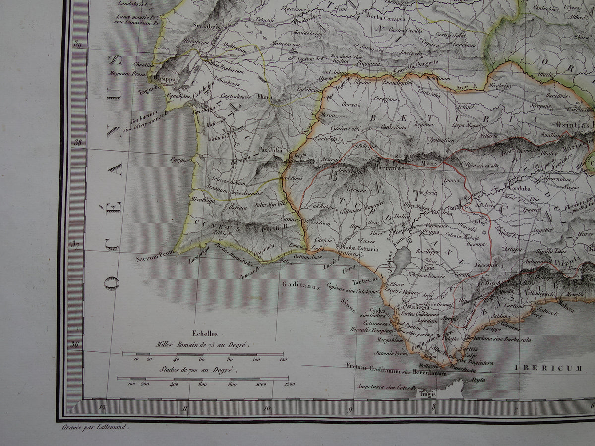 SPANJE grote oude landkaart van Spanje Portugal in Romeinse tijd originele antieke kaart uit 1831