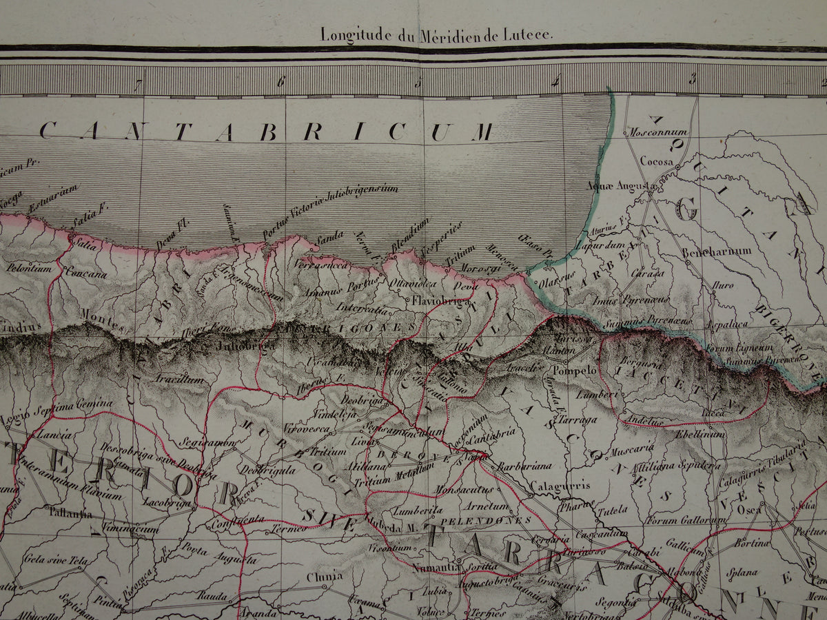 SPANJE grote oude landkaart van Spanje Portugal in Romeinse tijd originele antieke kaart uit 1831