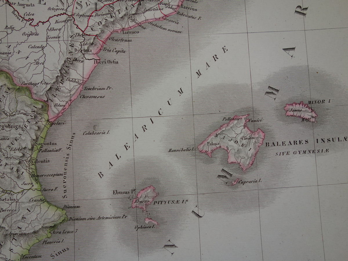 SPANJE grote oude landkaart van Spanje Portugal in Romeinse tijd originele antieke kaart uit 1831