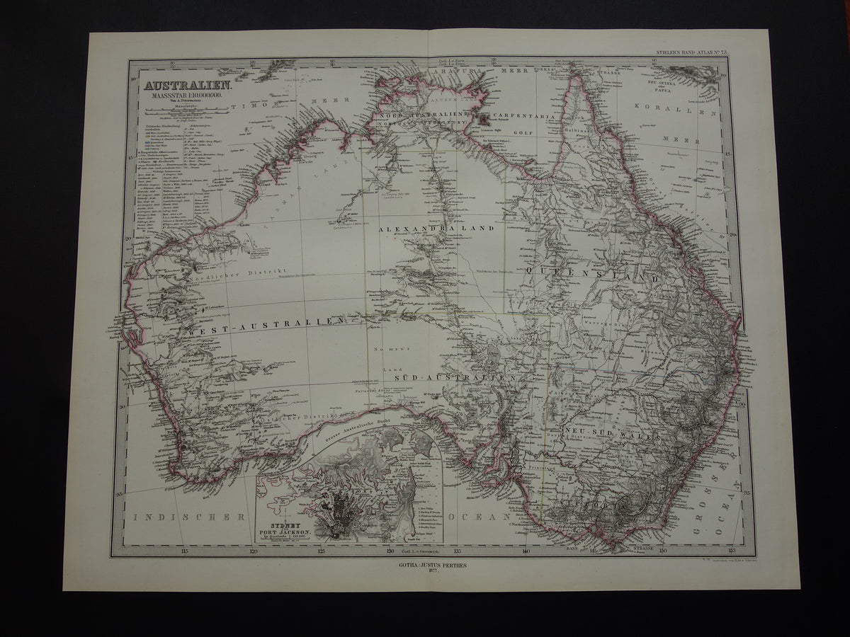 Vintage landkaart van Australië uit 1877 originele oude antieke kaart Sydney Melbourne Perth historische kaarten