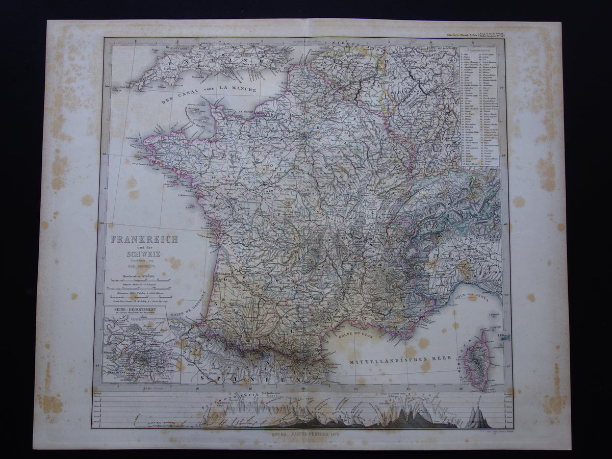 FRANKRIJK oude kaart van Frankrijk 1872 originele antieke landkaart/poster met jaartal