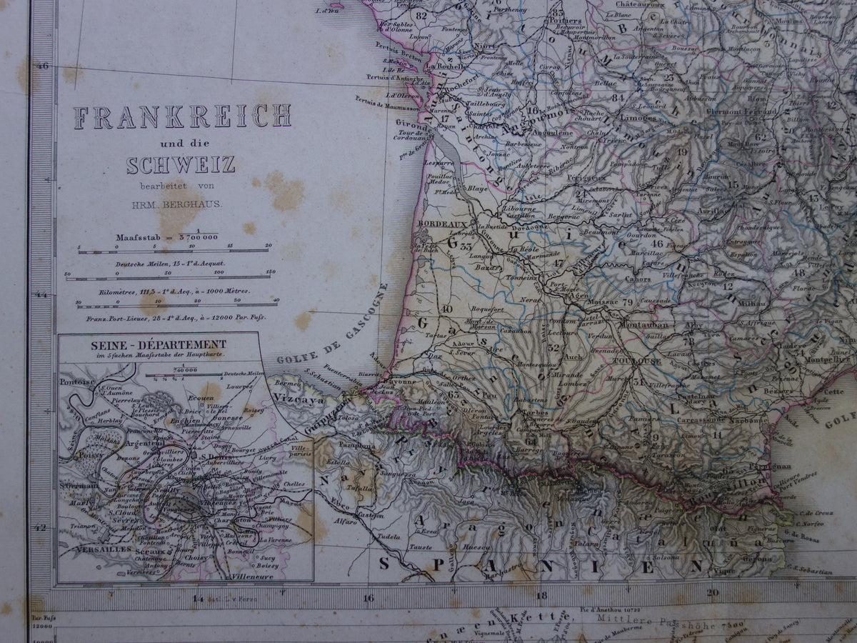FRANKRIJK oude kaart van Frankrijk 1872 originele antieke landkaart/poster met jaartal