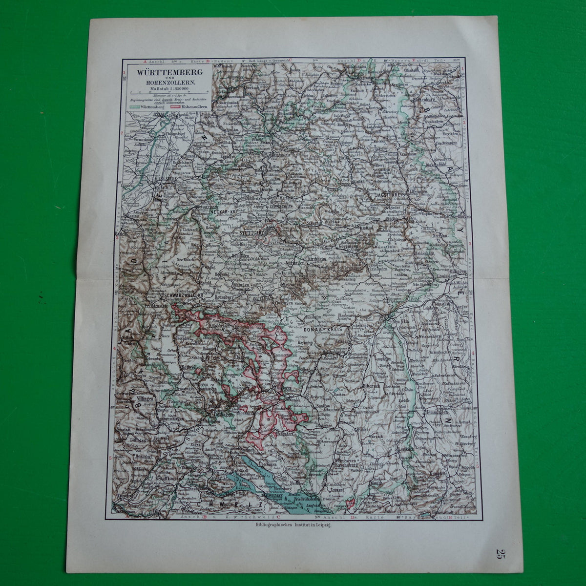 Württemberg oude kaart van Wurtenberg en Hohenzollern Duitsland 1913 originele antieke Duitse landkaart Stuttgart Karlsruhe