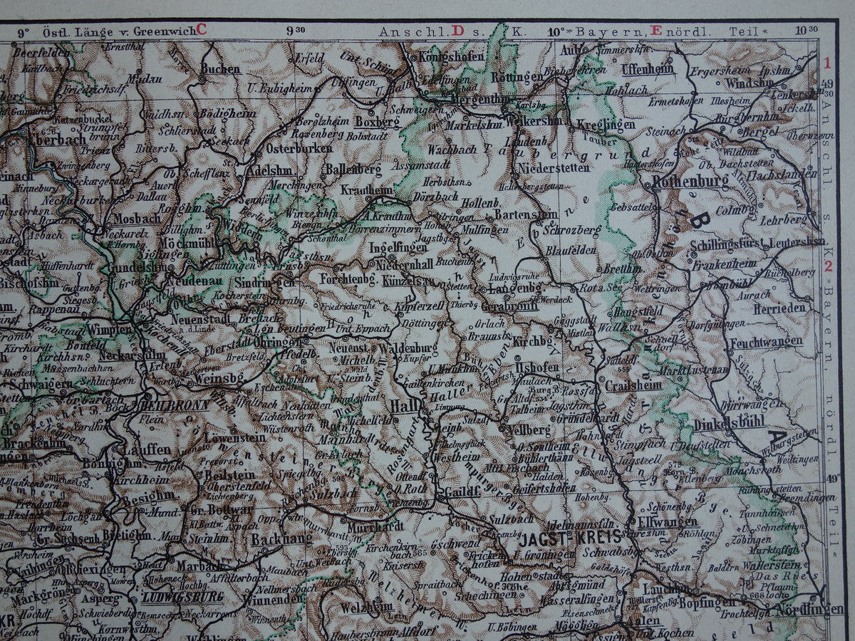 Württemberg old map of Wurtenberg and Hohenzollern Germany 1913 original antique German map Stuttgart Karlsruhe