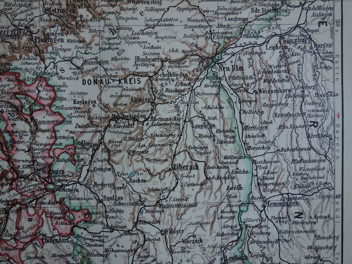 Württemberg old map of Wurtenberg and Hohenzollern Germany 1913 original antique German map Stuttgart Karlsruhe