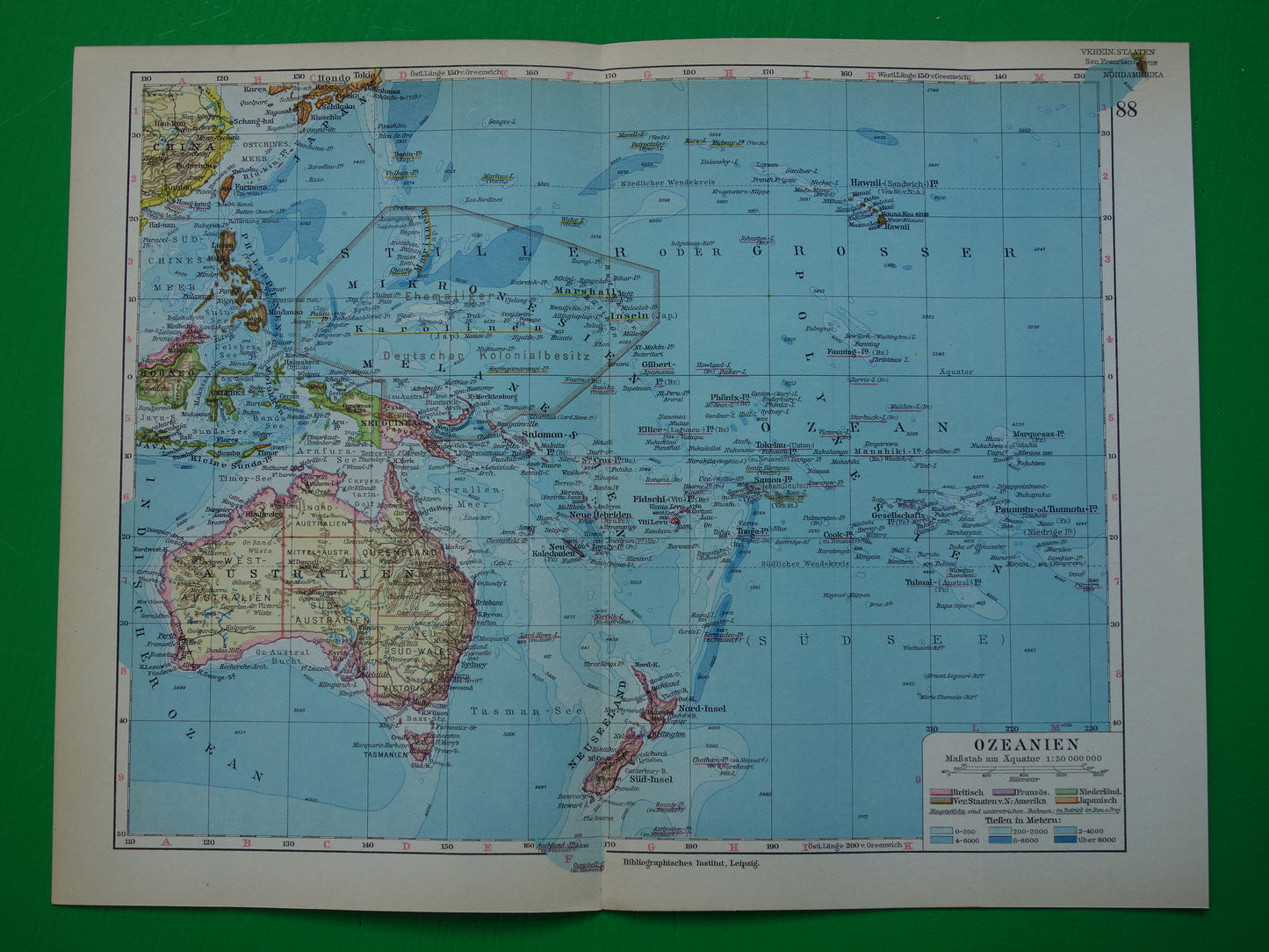 Old map of Oceania from 1928 original antique map Australia Indonesia New Zealand vintage maps