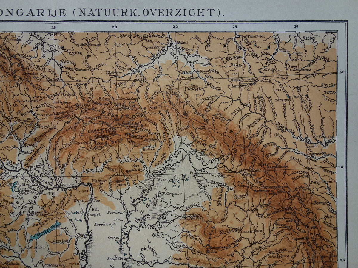 Old map of the Carpathian Alps Dinaric Alps 1910 original antique Dutch map elevation map Austria Czech Republic Hungary Romania