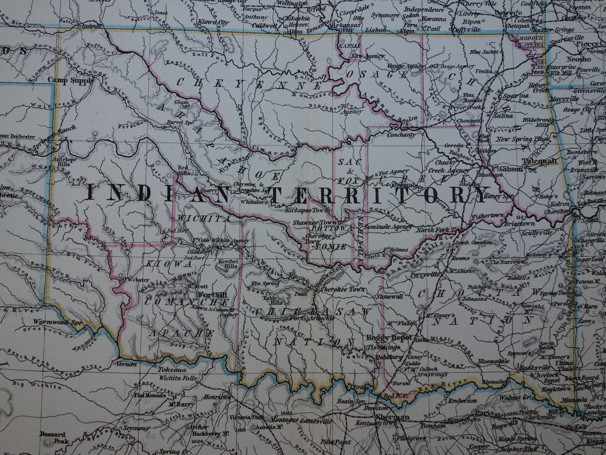 Antique map of the USA from 1884 original old map Texas Arkansas Louisiana Missouri Kansas Oklahoma United States