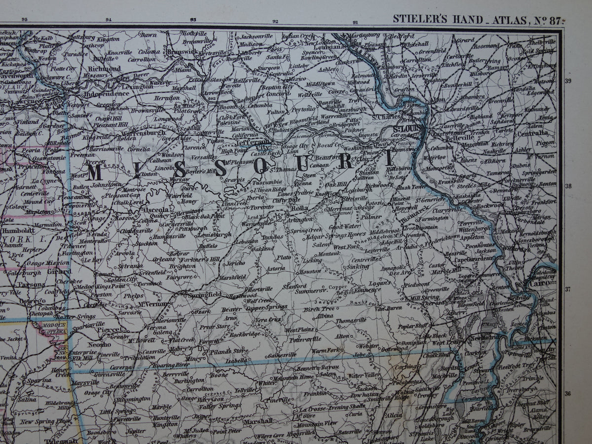 Antique map of the USA from 1884 original old map Texas Arkansas Louisiana Missouri Kansas Oklahoma United States
