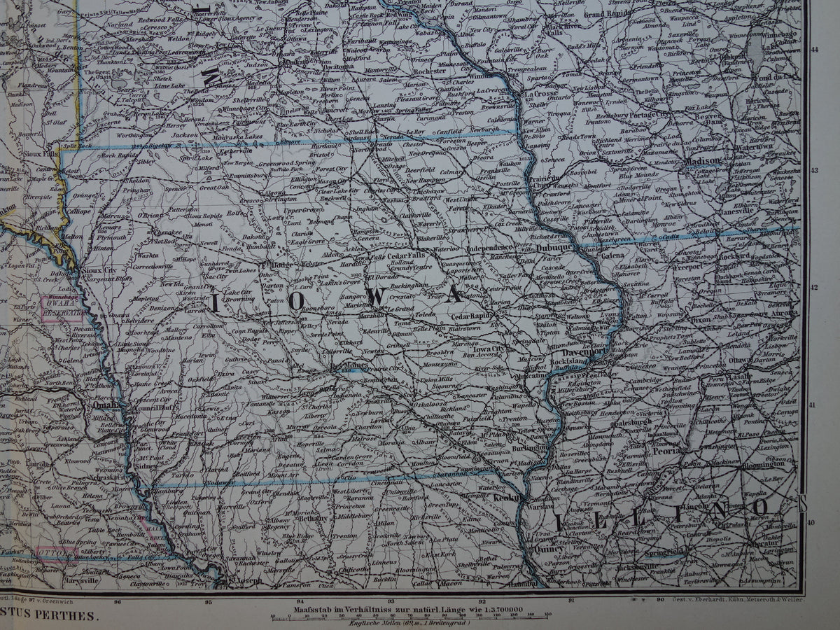 MINNESOTA IOWA Antieke kaart van de VS uit 1884 originele oude landkaart Wisconsin Dakota Nebraska Verenigde Staten