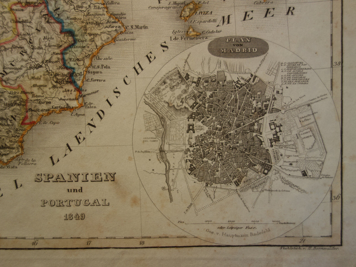 Old map of Spain and Portugal from 1849 original antique map Madrid vintage maps with date