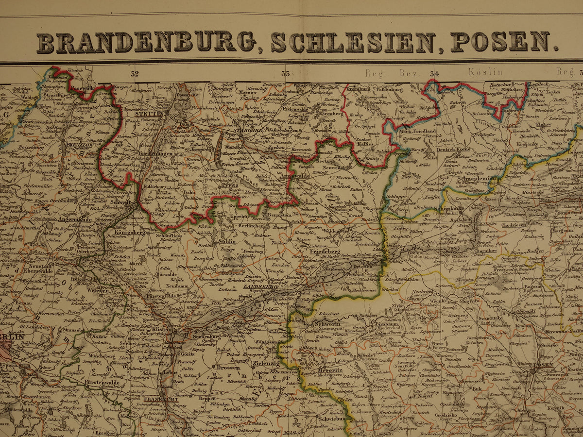 Grote oude kaart van Brandenburg Posen Silezië Originele antieke kaart 1859 Duitsland en Polen Berlijn Wrocław Poznan Dresden
