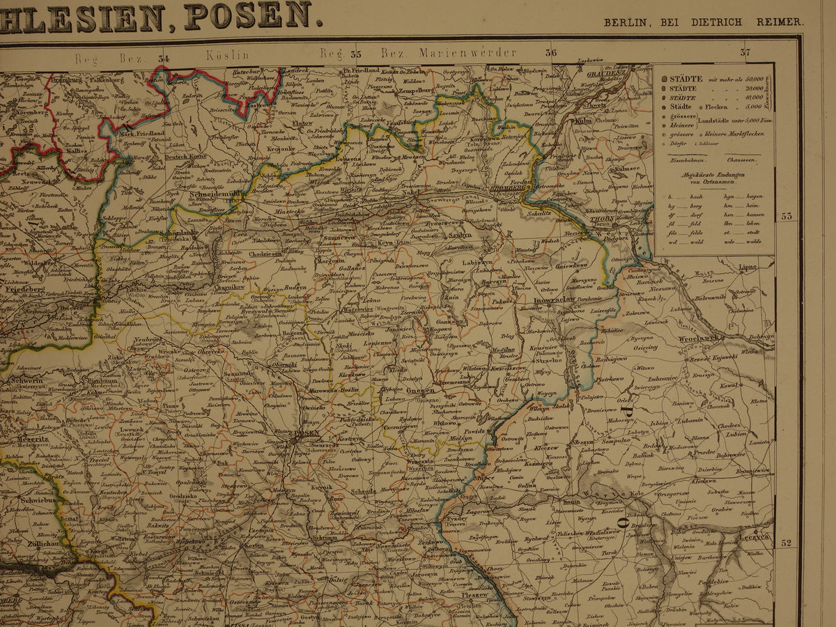Grote oude kaart van Brandenburg Posen Silezië Originele antieke kaart 1859 Duitsland en Polen Berlijn Wrocław Poznan Dresden