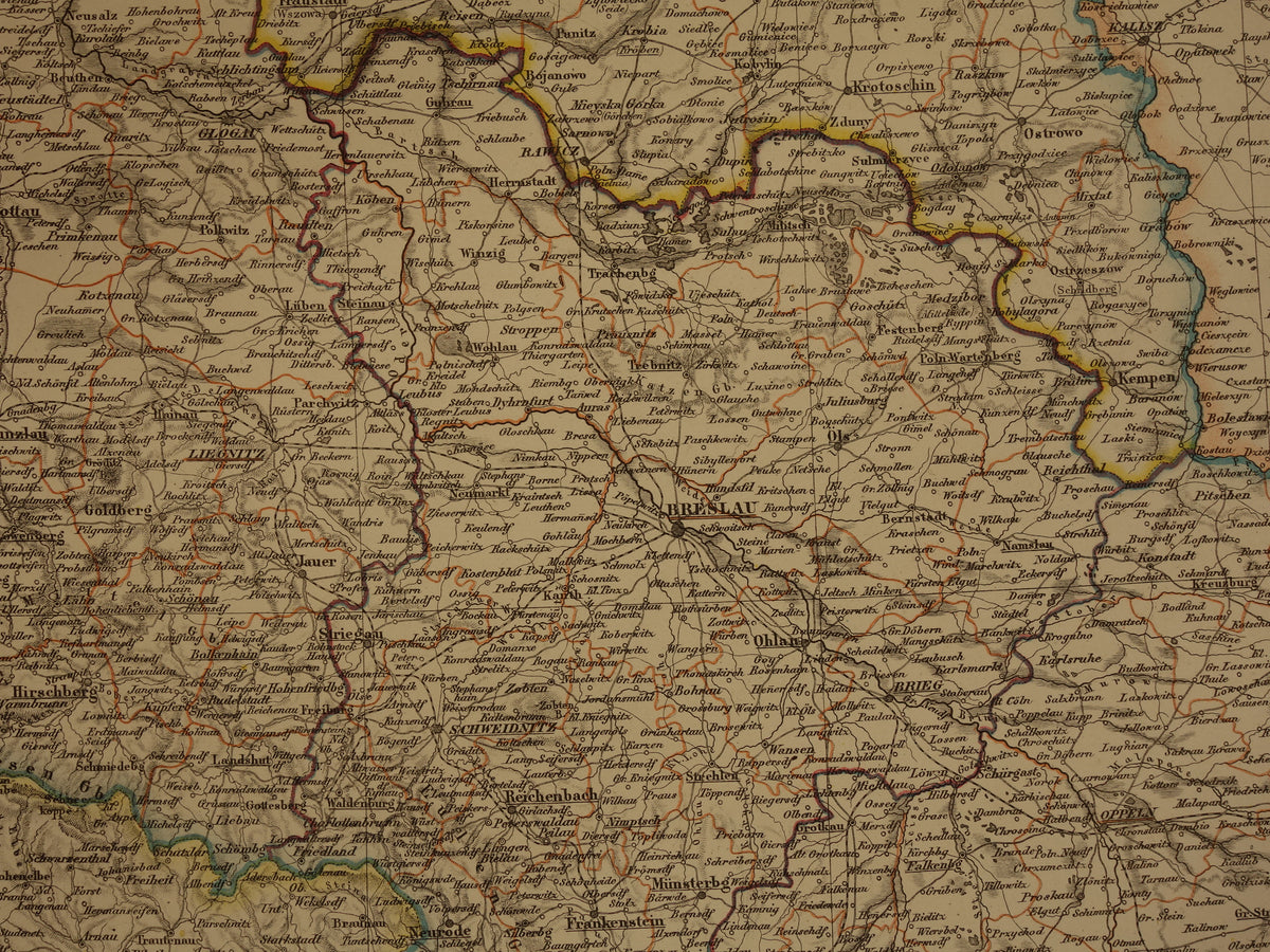 Grote oude kaart van Brandenburg Posen Silezië Originele antieke kaart 1859 Duitsland en Polen Berlijn Wrocław Poznan Dresden