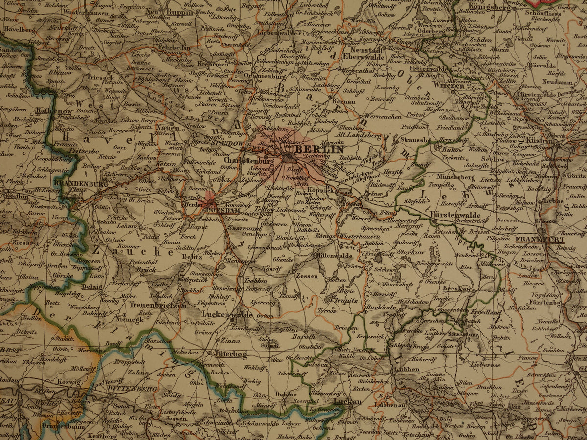 Grote oude kaart van Brandenburg Posen Silezië Originele antieke kaart 1859 Duitsland en Polen Berlijn Wrocław Poznan Dresden