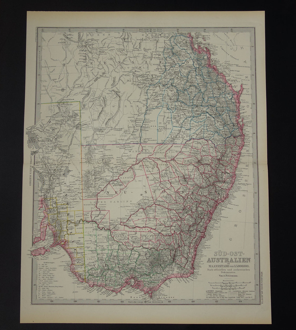 AUSTRALIE oude kaart van Zuid-Oost Australië 1886 originele antieke Duitse handgekleurde landkaart poster met jaartal
