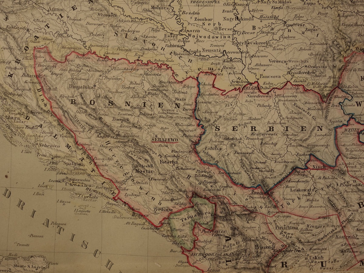 Large Old Map of the Balkans in 1856 with damage - Antique map European Turkey Serbia Greece hand colored vintage maps