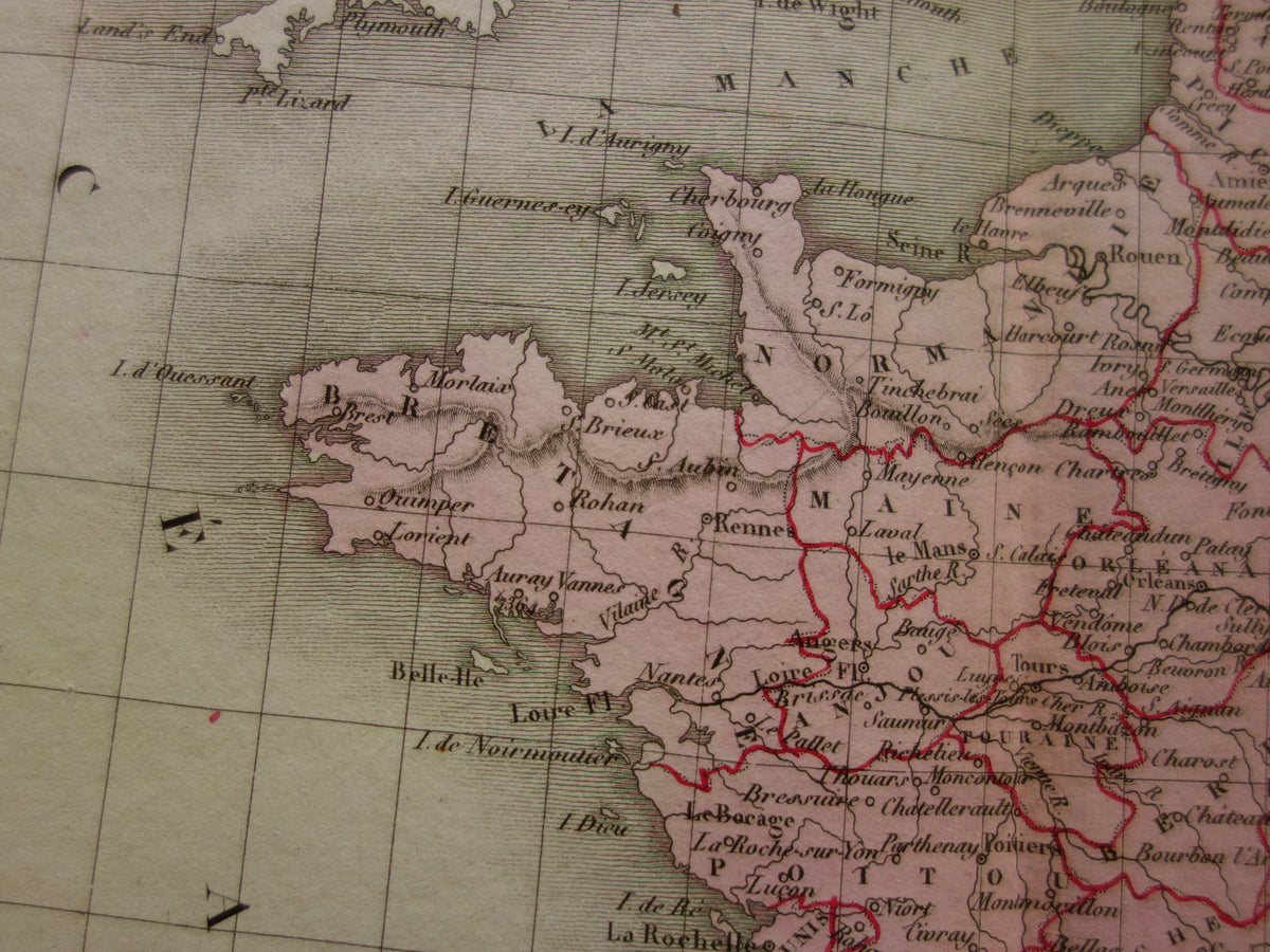 Antieke kaart van FRANKRIJK 180+ jaar oude Franse handgekleurde landkaart 1838