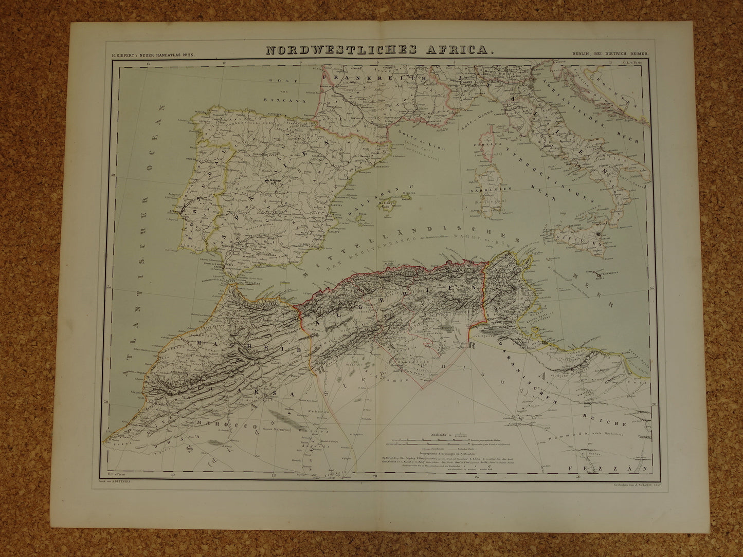 Alte Karte des westlichen Mittelmeers, originale antike Karte von Marokko, Tunesien, Algerien, Spanien und Korsika mit Datumsangabe, große historische Karten