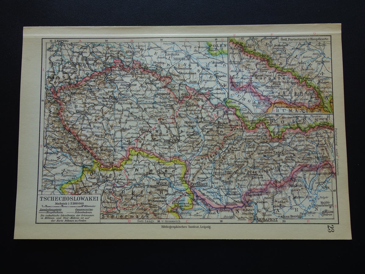 TSJECHOSLOWAKIJE oude kaart van Tsjechië en Slowakije uit 1928 originele kleine vintage landkaart Praag Bratislava