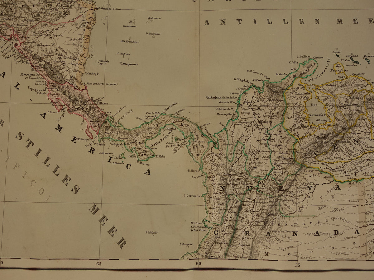 oude kaart van Caraïben en centraal Amerika in 1857 originele antieke landkaart Caraïbisch gebied Antillen Cuba Nicaragua vintage kaarten