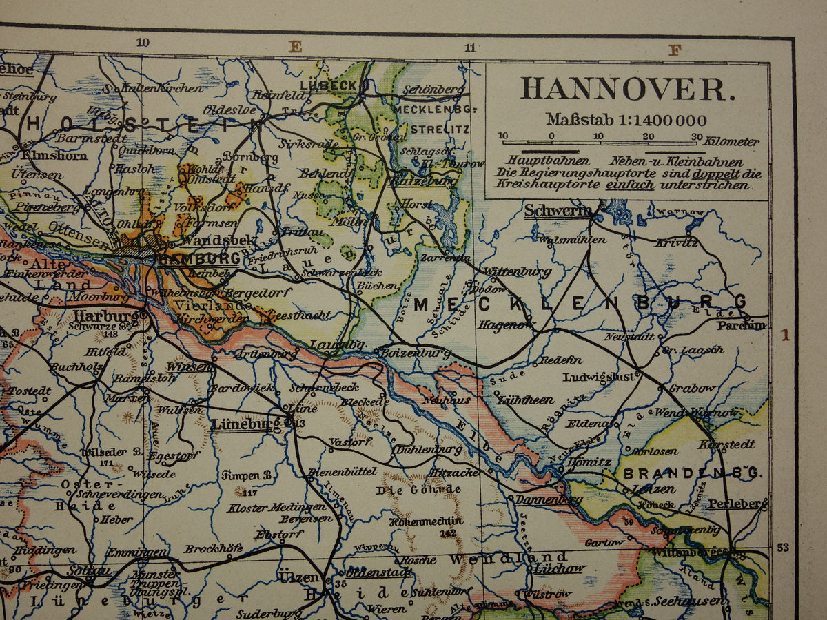 DUITSLAND oude kaart van Nedersaksen Hannover Bremen Hamburg 1906 originele antieke Duitse landkaart van noordwest Duitsland