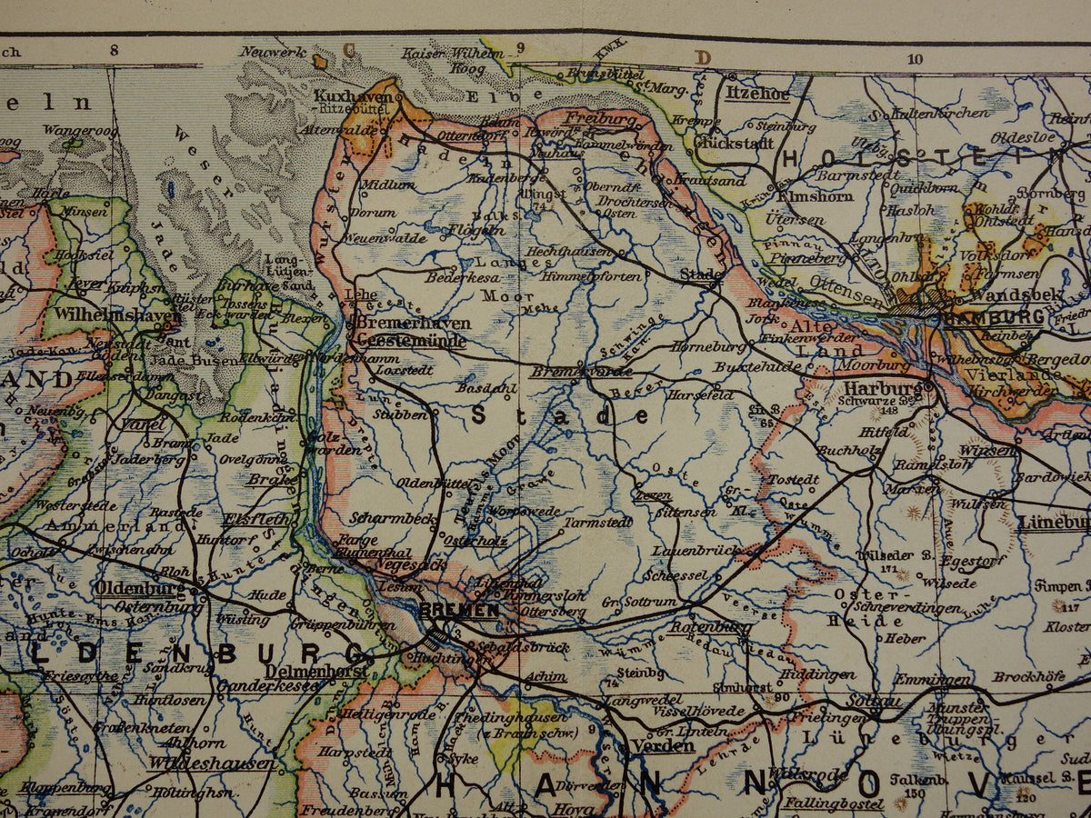 DUITSLAND oude kaart van Nedersaksen Hannover Bremen Hamburg 1906 originele antieke Duitse landkaart van noordwest Duitsland