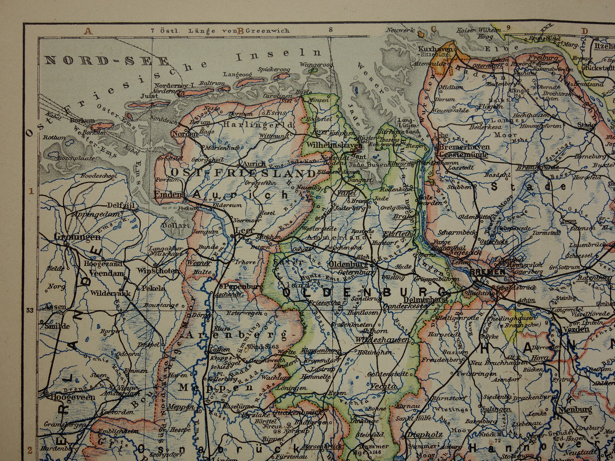 DUITSLAND oude kaart van Nedersaksen Hannover Bremen Hamburg 1906 originele antieke Duitse landkaart van noordwest Duitsland
