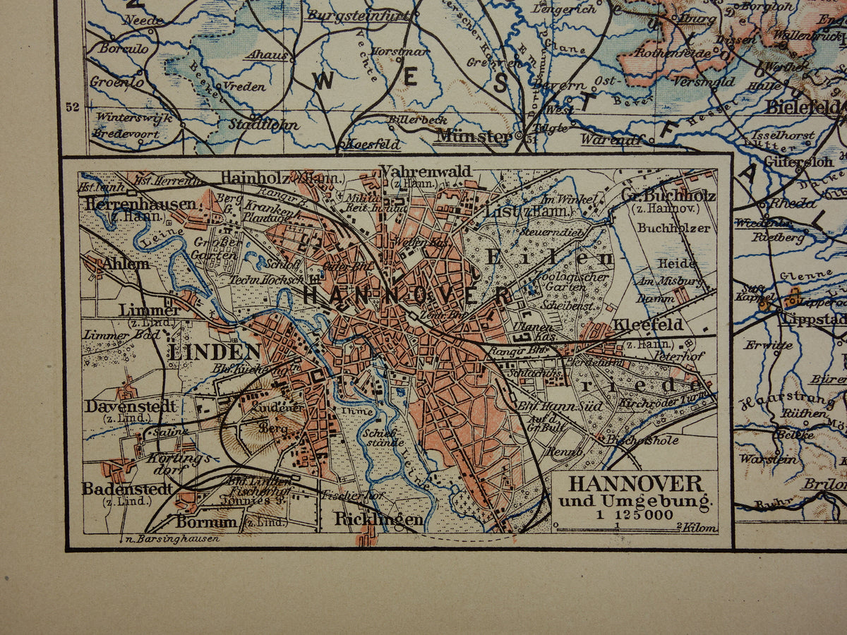 DUITSLAND oude kaart van Nedersaksen Hannover Bremen Hamburg 1906 originele antieke Duitse landkaart van noordwest Duitsland