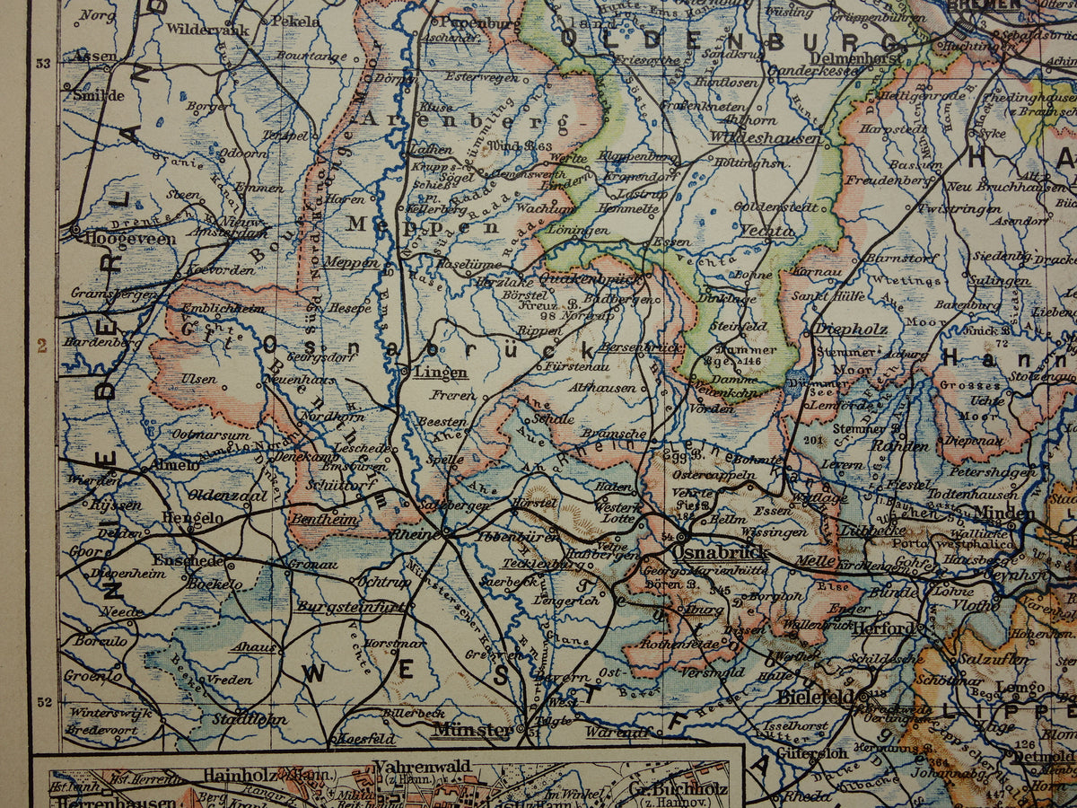 DUITSLAND oude kaart van Nedersaksen Hannover Bremen Hamburg 1906 originele antieke Duitse landkaart van noordwest Duitsland