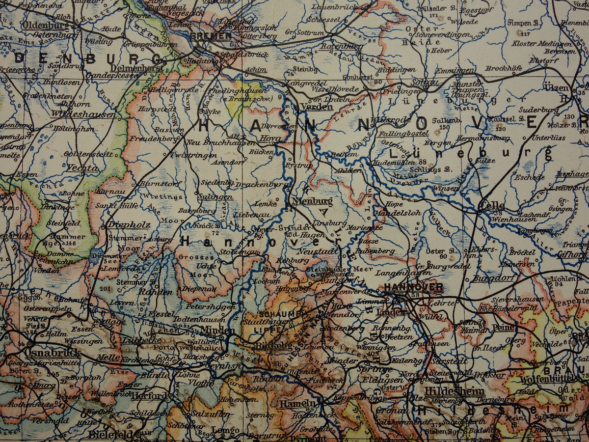 DUITSLAND oude kaart van Nedersaksen Hannover Bremen Hamburg 1906 originele antieke Duitse landkaart van noordwest Duitsland