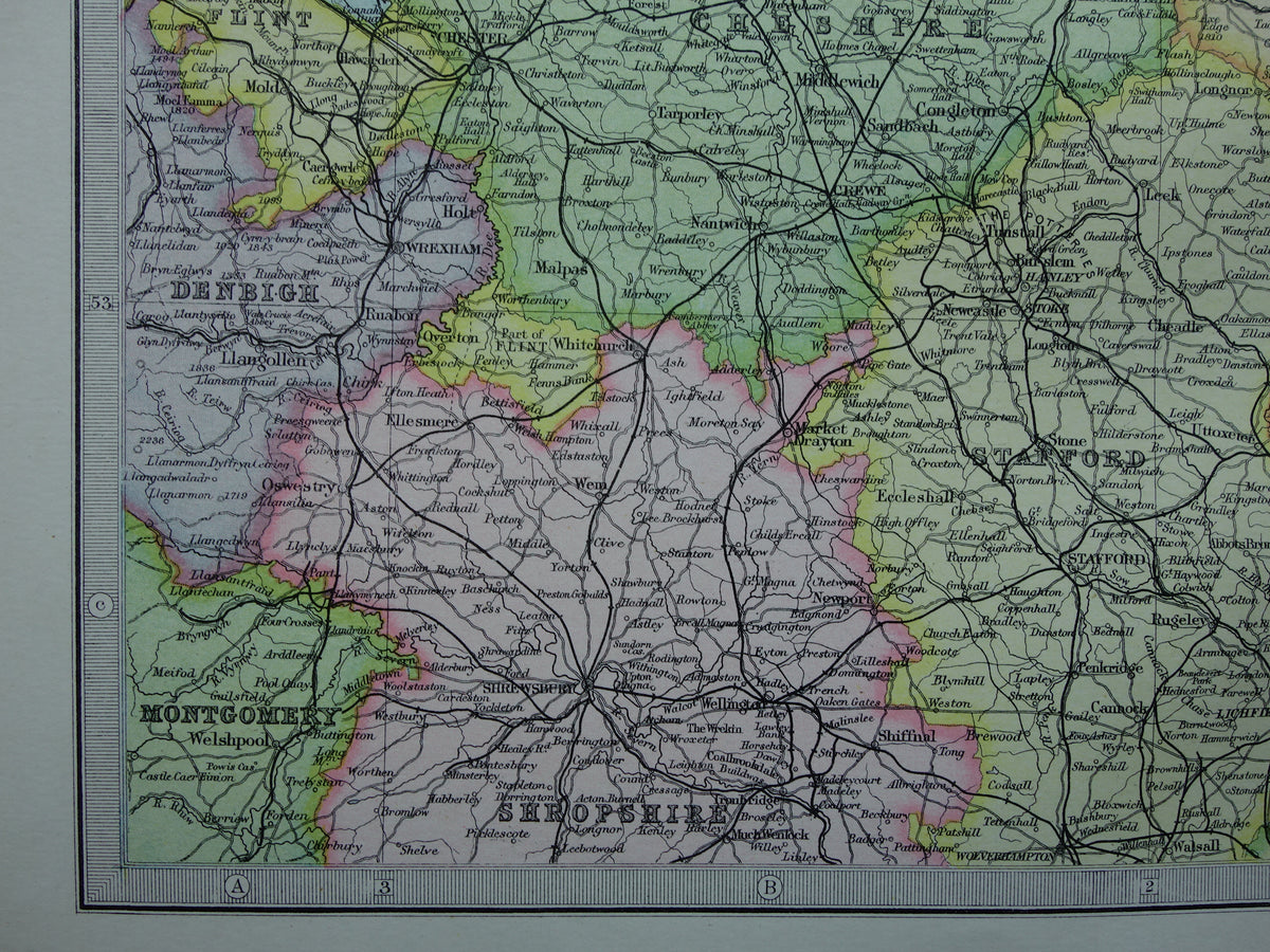 ENGELAND Oude kaart van Lincoln York Lancashire 1890 originele oude antieke Engelse landkaart