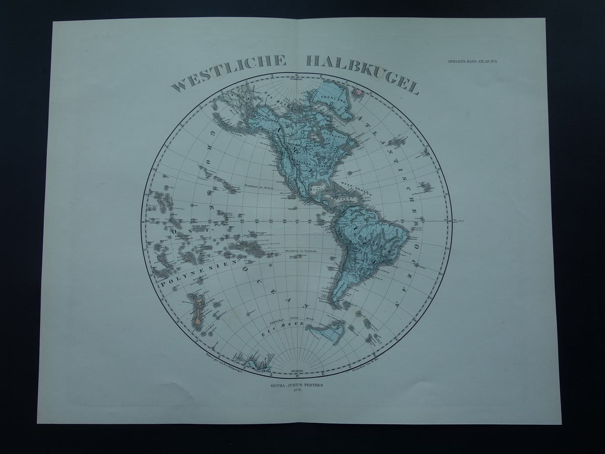 Wereldkaart antieke kaart van Westelijk en Oostelijk Halfrond originele 140+ jaar oude landkaart van de wereld in twee delen