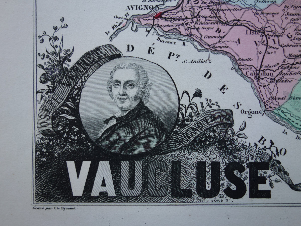Old map of Vaucluse department in France from 1872 original antique hand colored map Avignon